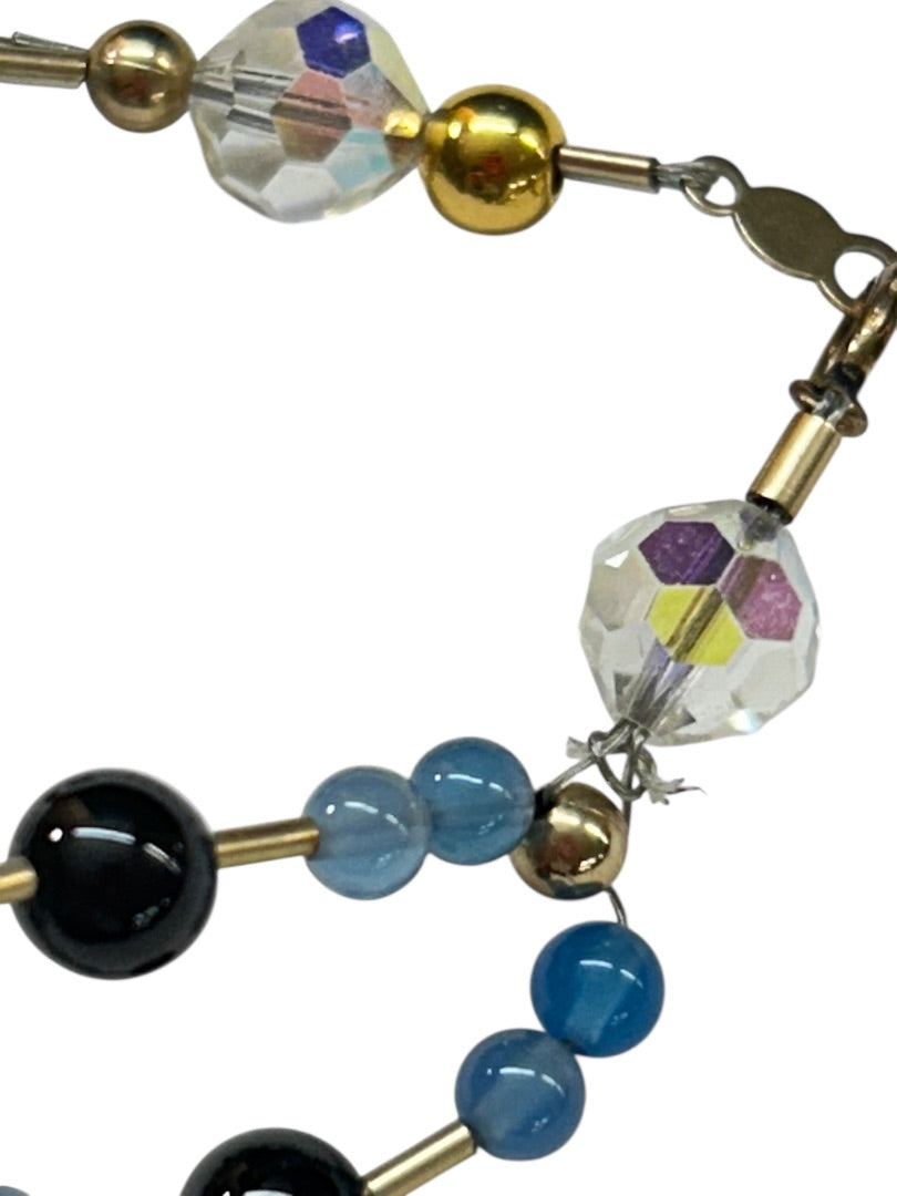 Blue Black Goldtone Shaped Beaded Bracelet 7.5 Inch Spring Clasp