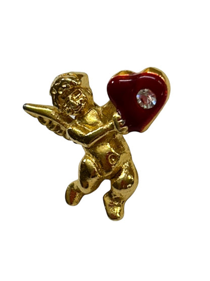 Vintage Goldtone Red Cupid Heart Lapel Pin Small .75 Inch