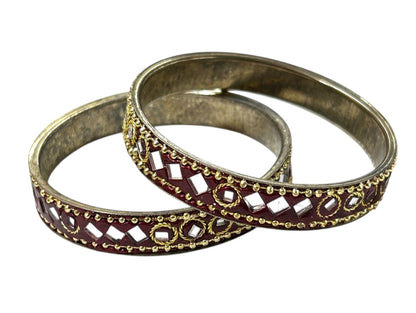 Set of 2 Goldtone and Mirrored Small Bangle Bracelets 2.25" Inside Diameter Burgundy