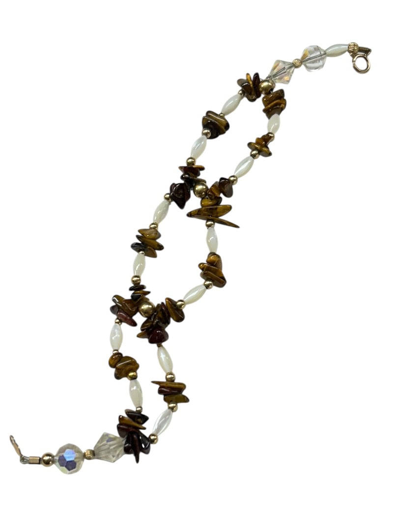 Double Strand Beaded Bracelet White Brown Goldtone Spring Clasp 8"