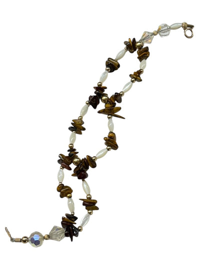 Double Strand Beaded Bracelet White Brown Goldtone Spring Clasp 8"