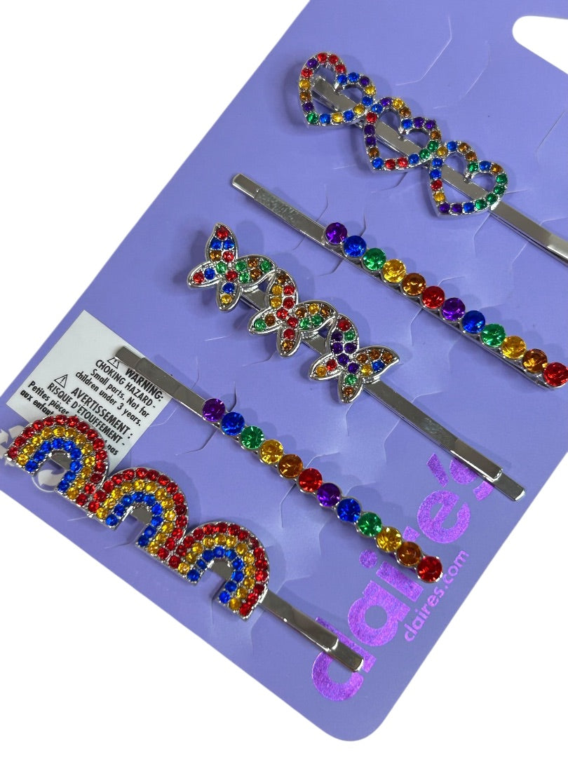 Claires New Rainbow Heart Sparkly Hair Bobby Pin Heart Butterfly