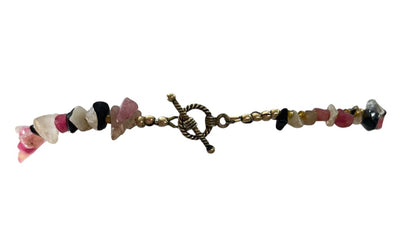 Chip Stone Necklace Goldtone Spacer 28 Inch Toggle Clasp Pink Black