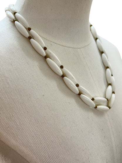 Vintage White Acrylic Bead Necklace Goldtone Foldover Clasp 22 Inch