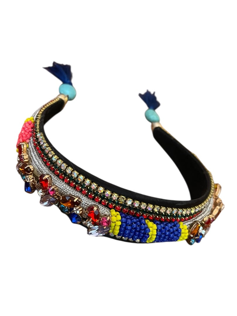 Colorful Rhinestone Jeweled Padded Headband Tassels