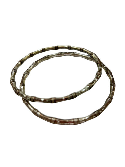 Set of 2 Distressed Silvertone Bangle Bracelets Bamboo Design 2.5 Inch