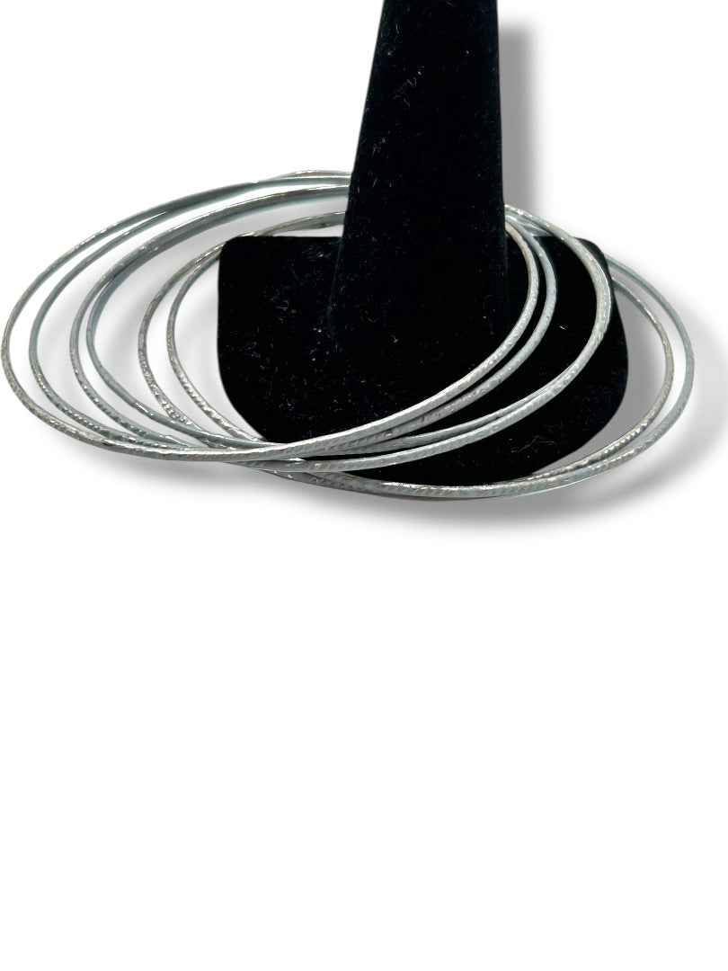 Set of 6 Silvertone Textured Thin Bangle Bracelets 2.6 Inch Inside Diameter