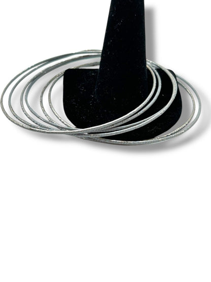 Set of 6 Silvertone Textured Thin Bangle Bracelets 2.6 Inch Inside Diameter