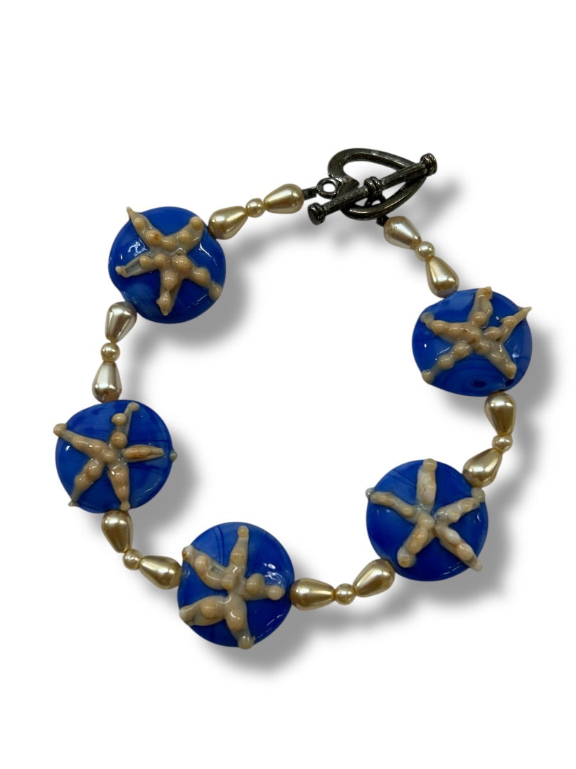 Blue Glass Beaded Starfish Bracelet Toggle Clasp 7.75 Inch
