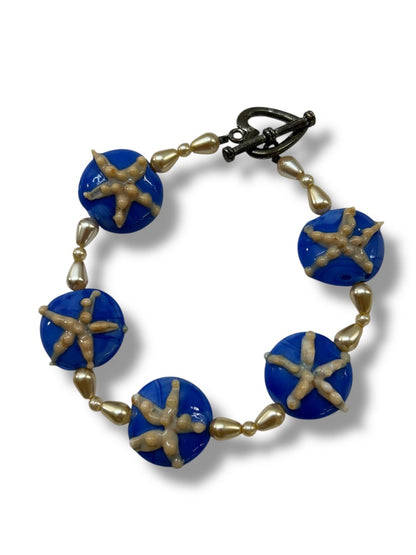 Blue Glass Beaded Starfish Bracelet Toggle Clasp 7.75 Inch