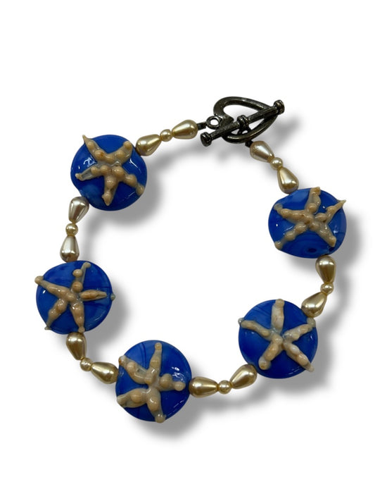Blue Glass Beaded Starfish Bracelet Toggle Clasp 7.75 Inch