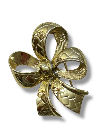 Textured Goldtone Bow Brooch Pin 1.75 Inch Holiday Special Occasion