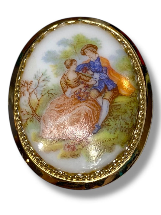 Vintage Fragonard Porcelain Cameo Brooch Pin Romantic Scene 1.9 Inch