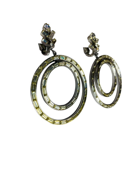 Signed Trifari Vintage Rhinestone Clip On Non-Pierced Earrings Circles 2.25" Drop