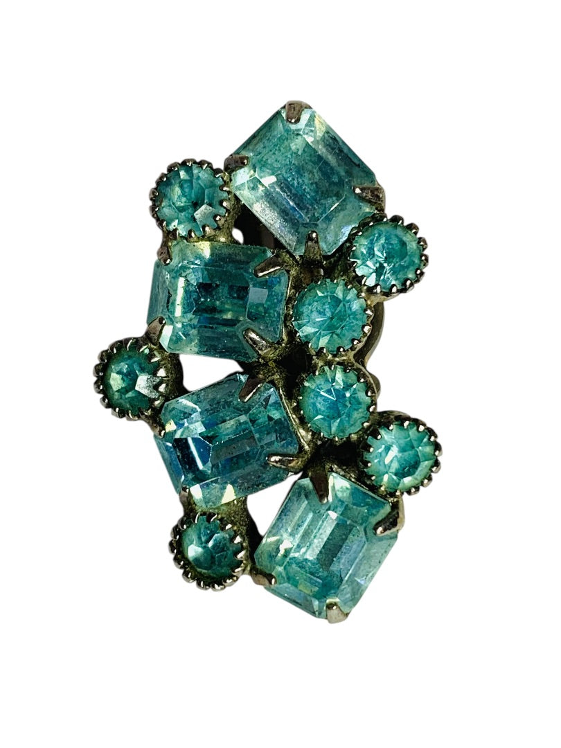 Signed Weiss Blue Crystal Earrings Clip On Non-Pierced 1.25 Inch Silvertone