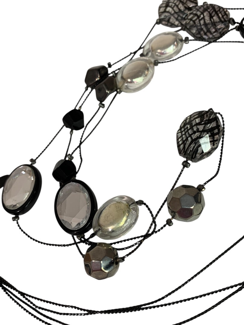 NY Double Strand Black Clear Beaded Necklace 36-40 Inch Lobster Clasp