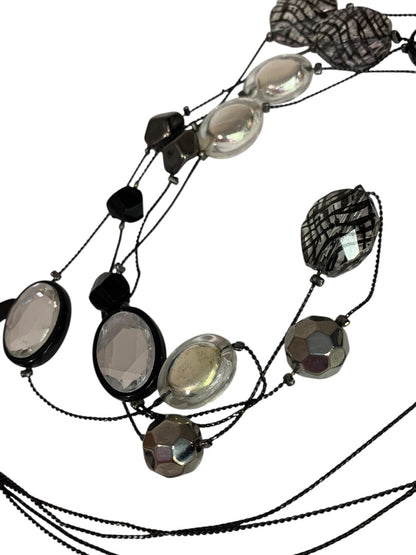 NY Double Strand Black Clear Beaded Necklace 36-40 Inch Lobster Clasp