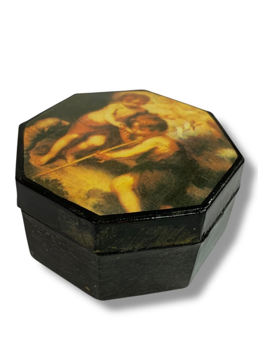 Papier Mache Trinket Box Lidded Lined 2.75 Inch Diameter Child Shepherd