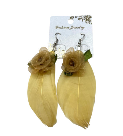 Vintage Fashion Earrings Fabric Feather Rose 3.5" Drop Fish Hook