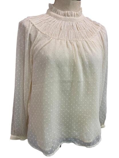 Small Petite Loft Ivory Womens Blouse Flowy Long Sleeve Lined Shirt Sheer Sleeve
