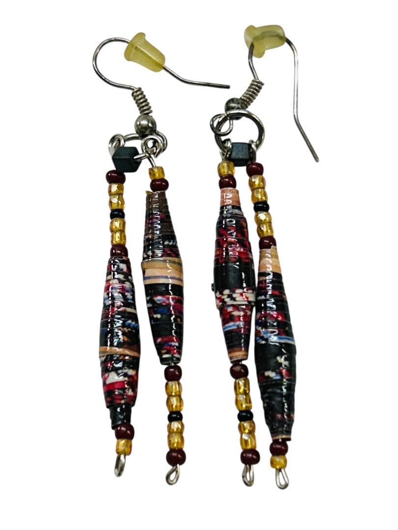 Paper and Seed Bead Earrings Fishhook Pierced 2.5" Drop Dangle
