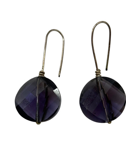 Silvertone and Faceted Acrylic Purple Pierced Fishhook Earrings 1.5" Drop