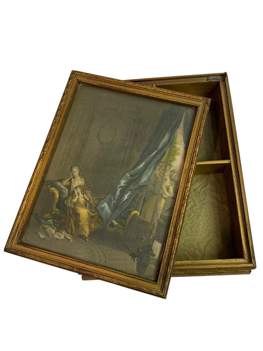 Antique Wooden Dresser Box Mirrored Lid Le Boudoir 9.5" x 7.5"