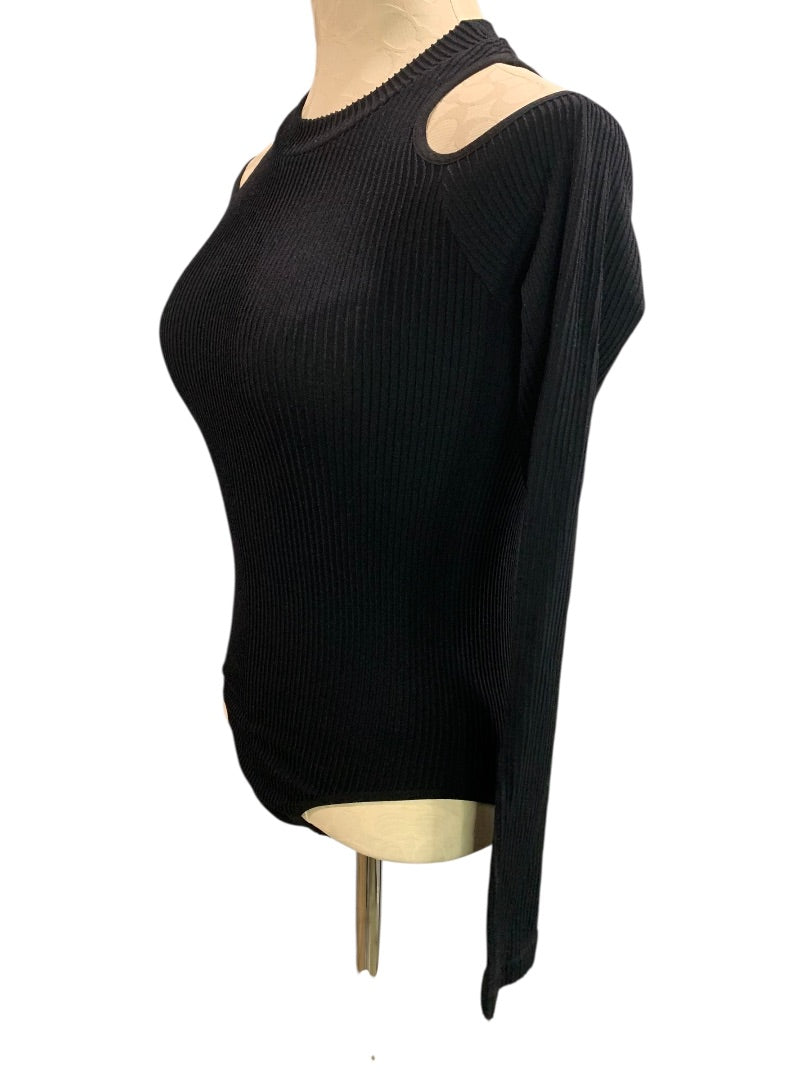 M/L Fashion Nova Womens Black Ribbed Bodysuit Cold Shoulder
