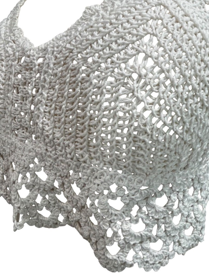 Small Crochet White Tie Crop Top Boho Padded