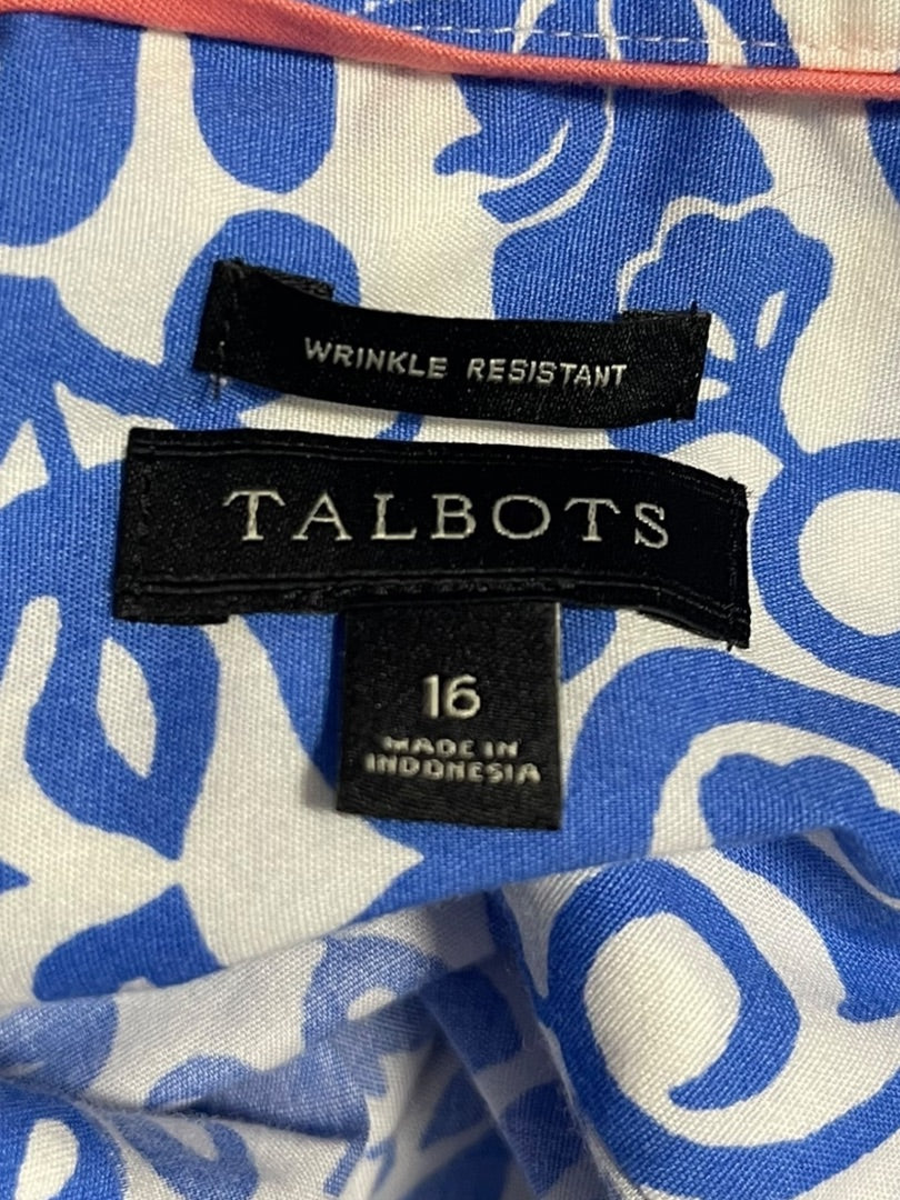 Size 16 Talbots Button Up Wrinkle Resistant Sleeveless Floral Shirt Blue