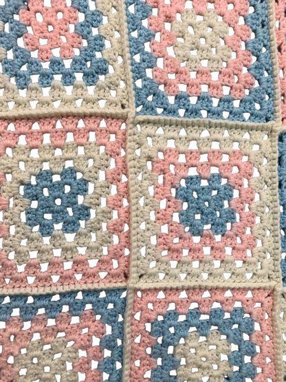 Vintage Baby Blanket Crocheted White Blue Pink Granny Square 39 x 30 Inch