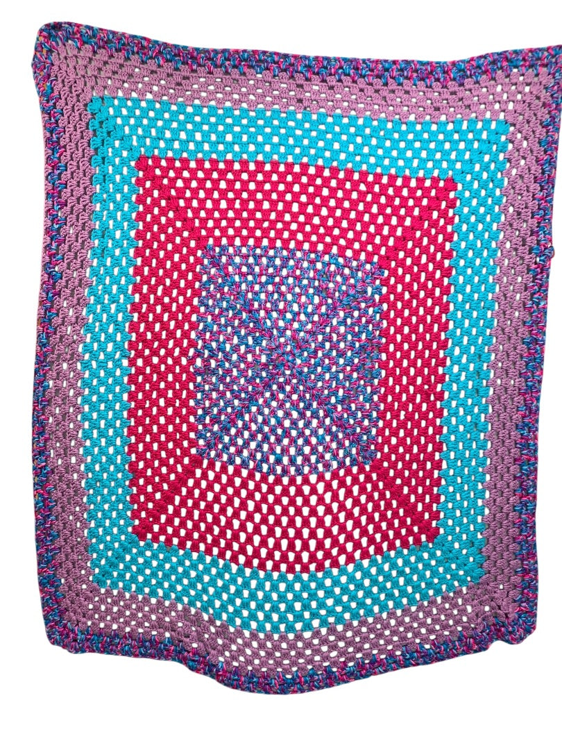 Vintage Crochet Afghan Blanket Throw 54" Square Purple Teal Pink