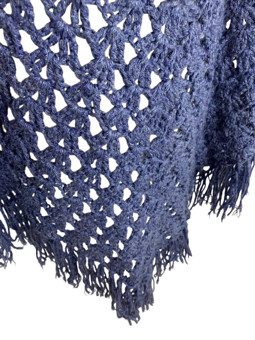 Vintage Crochet Shawl Sparkle Blue Fringed Hand Crocheted