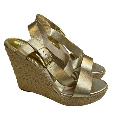 10 Michael Kors Giovanna Gold Strappy Wedge Sandals Metallic 5" Espadrilles