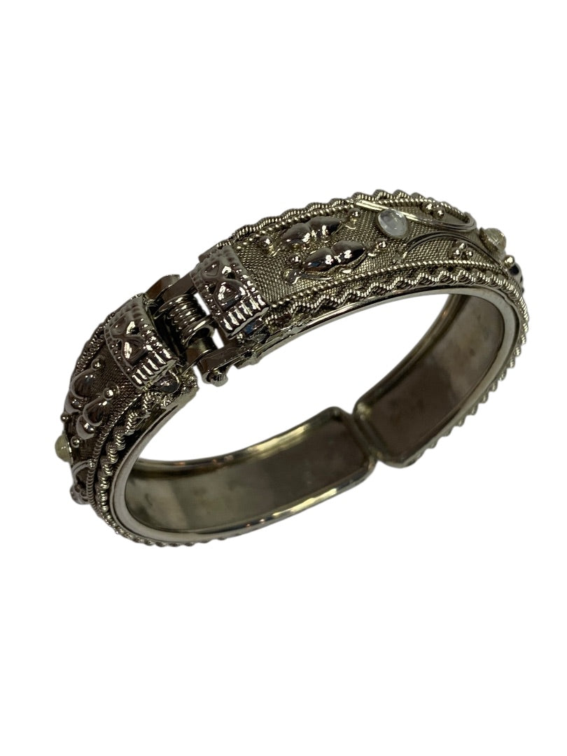 Hinged Bangle Bracelet Silvertone Mesh Rhinestone .5" Thick