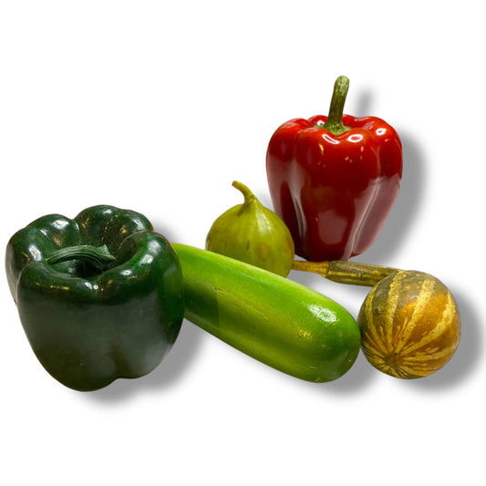 Assorted Lot of 5 Faux Vegetables Plastic Wooden Cucumber Squash Pepper