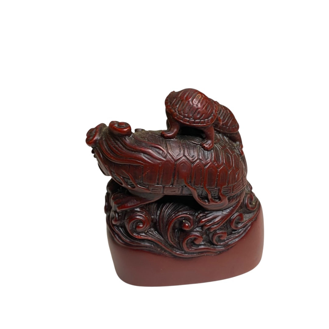 Vintage Red Resin Paperweight Figurine Dragon Turtles 2.5"