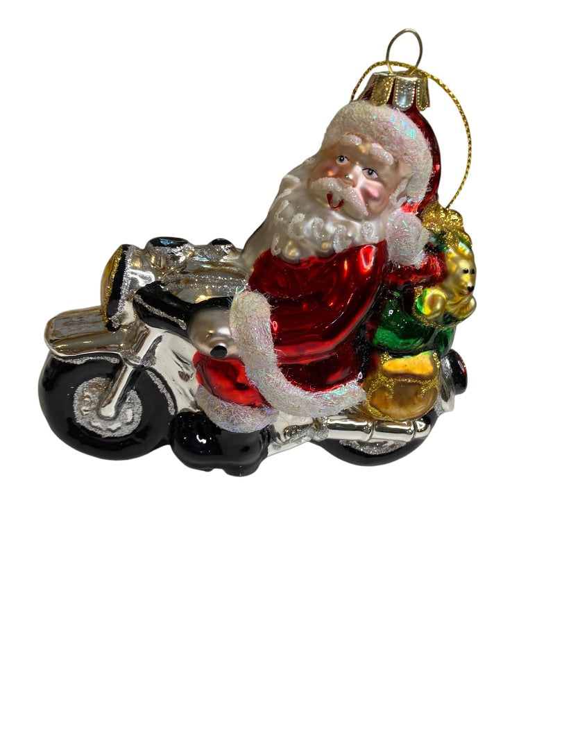 Handblown Glass Biker Santa Ornament Motorcycle Christmas 5" Length