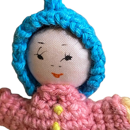 Vintage Amigurumi Japanese Miniature Crochet Baby Girl Doll 2" Silk Face Hanging