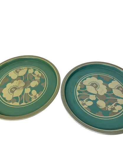 MidCentury Set of 2 Metal Trays Decorative Floral 12.5" Diameter Turquoise
