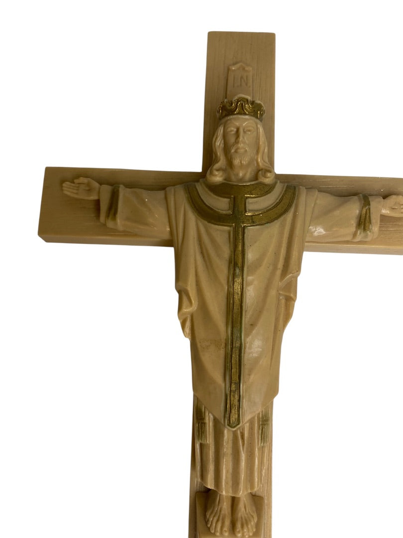 Vintage Plastic Cross Jesus INRI 12" Wall Hanging Gold Trim Paint