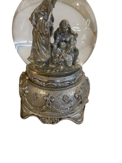 Nativity Snowglobe Silver Sparkle Music Box O Holy Night 6"