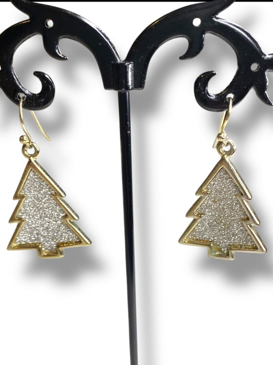 Goldtone Fishhook Earrings Christmas Tree Sparkle 1.5" Drop