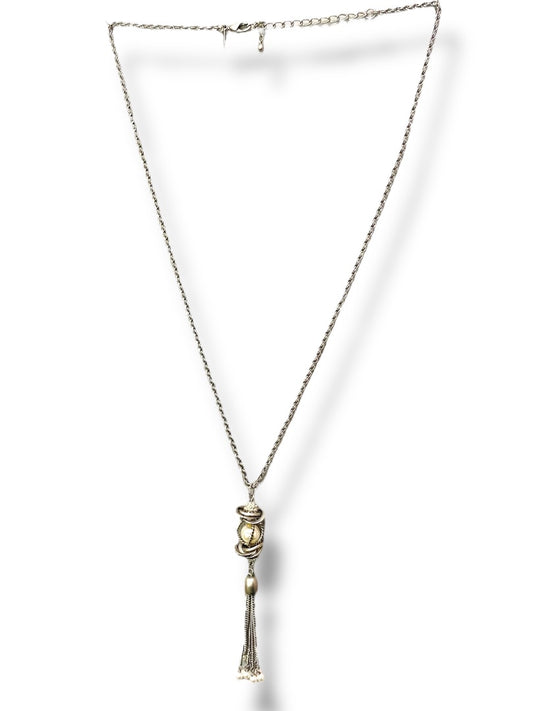 Lia Sophia Silvertone 5" Tassel Necklace 30" Lobster Clasp Sparkle Faux Pearl
