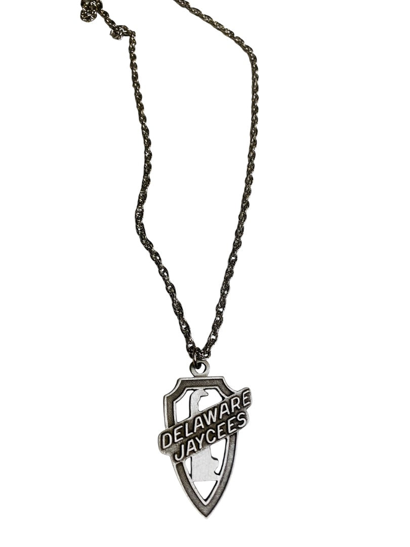 Pewter Pendant Delaware Jaycees on Silvertone Chain 18"