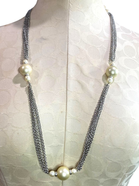 Talbots Chunky Silvertone and Faux Pearl Beaded Necklace 29" Long