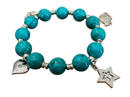 Beaded Stretch Silvertone Fish Feather Star Jerusalem Cross Bracelet Blue NWOT