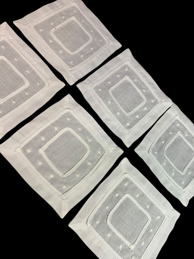 Vintage Cocktail Napkins Set of 6 White Dots Trim 5.5"