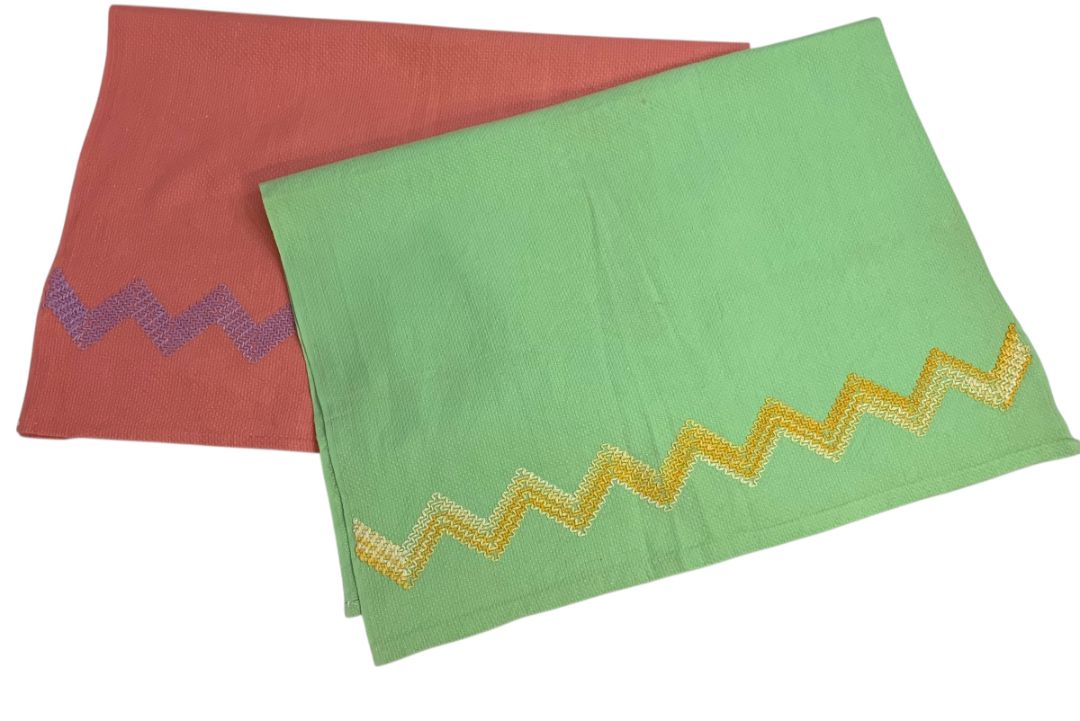 Set of 2 Pink Green Vintage Kitchen Towels Embroidered 23" x 16.5"
