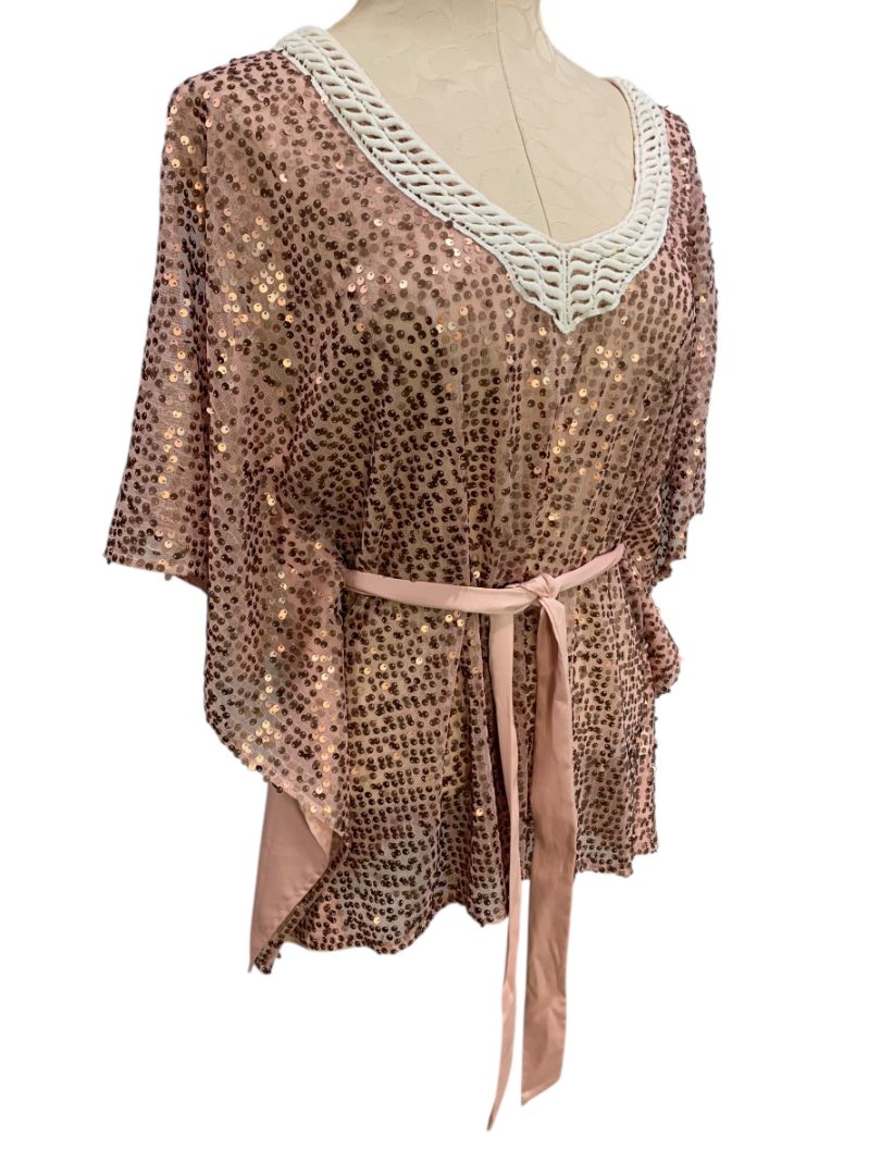 Size Medium XOXO Womens Pink Sequin Belted Blouse V-Neck